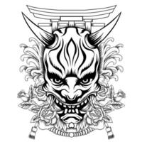 oni maschera illustrazione stile tatuaggio in bianco e nero vettore