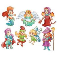 gruppo di bambini cosplay come una fiaba, disegno del personaggio dei cartoni animati colorazione illustrazione vettoriale. vettore