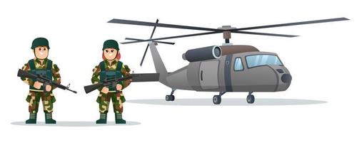 simpatici soldati dell'esercito maschio e femmina che tengono pistole arma con l'illustrazione del fumetto dell'elicottero militare vettore