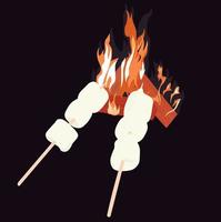 marshmallow sull'illustrazione delle azione di vettore del fuoco. viaggio notturno, riposo. marmellata calda sul fuoco. realistico. manifesto. incontro con gli amici nella natura.