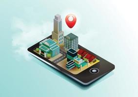 piano isometrico della città con edifici e strade sullo smartphone. navigazione mobile. mappa, schema di navigazione, navigazione in un'applicazione mobile