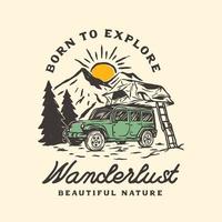 etichetta del logo di avventure di auto camper di montagna disegnata a mano vintage vettore