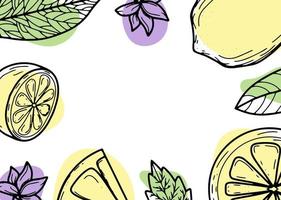 bellissimo sfondo con limoni, fiori, congedo. illustrazione vettoriale disegnata a mano di frutta. banner nello stile dell'incisione. agrumi vintage e design botanico. per poster, stampe, carta da parati, copertine