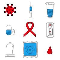 icone relative all'hiv o agli aiuti. set di 9 segni vettoriali: virus, siringa, provetta, pillole, burocrazia, test express positivo, preservativo, pacchetto, goccia di sangue. semplici pittogrammi per web e mobile. vettore