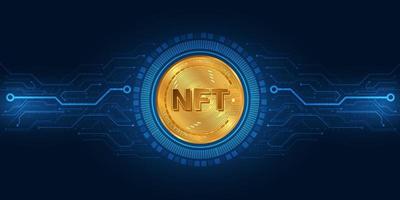 nft token non fungibile moneta d'oro.sfondo tecnologico blu.concetto di valuta digitale. vettore