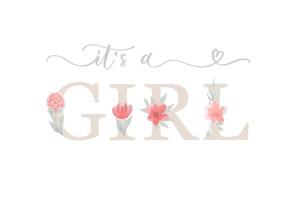 è una ragazza. baby shower lettering modello di invito con fiore e foglia dell'acquerello. vettore