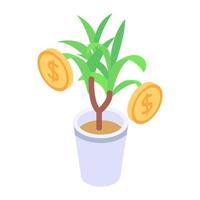 pianta in vaso con pila di dollari, icona della pianta dei soldi in stile isometrico vettore