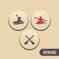 icone di canottaggio, kayak, rafting, canoa, remi icone rotonde, illustrazione vettoriale