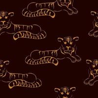 tigre silhouette stilizzata motivo senza cuciture, tigre di contorno arancione su sfondo marrone scuro vettore