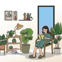 donna e piante nel soggiorno, mobili interni minimalisti.