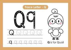 alfabeto traccia lettera dalla a alla z foglio di lavoro prescolare con lettera q quaglia vettore
