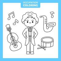 colorazione simpatico cartone animato animale bambino con musicista di lavoro di occupazione vettore