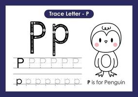 alfabeto traccia lettera dalla a alla z foglio di lavoro prescolare con lettera p pinguino vettore