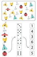 gioco educativo di matematica per bambini. foglio di lavoro di matematica per bambini con insetti colorati, farfalle, coleotteri, fiori. vettore, stile cartone animato. vettore