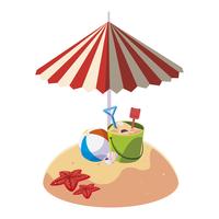 spiaggia di sabbia estiva con ombrellone e secchio di sabbia giocattolo vettore