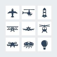 icone di aeromobili impostate isolate su bianco, illustrazione vettoriale