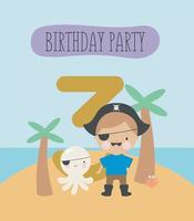 festa di compleanno, biglietto di auguri, invito a una festa. illustrazione per bambini con piccolo pirata e un'iscrizione tre. illustrazione vettoriale in stile cartone animato.