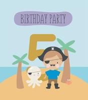 festa di compleanno, biglietto di auguri, invito a una festa. illustrazione per bambini con piccolo pirata e un'iscrizione cinque. illustrazione vettoriale in stile cartone animato.