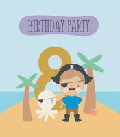 festa di compleanno, biglietto di auguri, invito a una festa. illustrazione per bambini con piccolo pirata e un'iscrizione otto. illustrazione vettoriale in stile cartone animato.