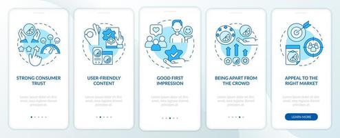 buona importanza del design schermata dell'app mobile di onboarding blu. procedura dettagliata in stile business pagine di istruzioni grafiche in 5 passaggi con concetti lineari. ui, ux, modello gui. sono stati utilizzati una miriade di caratteri normali in grassetto vettore