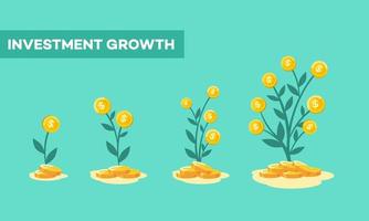 illustrazione di investire denaro. piante di albero dei soldi che crescono e si sviluppano da investimenti finanziari. il concetto di profitti crescenti nell'investimento di risorse grafiche. vettore