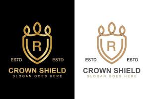 elegante logo corona e scudo con lettera iniziale r logo design due versioni vettore