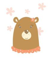 orso bruno in un vestito. cartone animato lei porta con fiore rosa. vettore