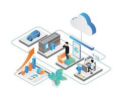 illustrazione in stile isometrico del marketing di autonoleggio online con archiviazione dati cloud vettore