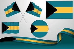 set di bandiere delle Bahamas in diversi modelli, icona, bandiere sventolanti con nastro con sfondo. vettore