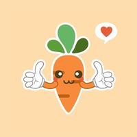 personaggio dei cartoni animati di carota carino e kawaii. immagine vettoriale isolata di una carota, verdura sana, pianta, cime, radice. mascotte viso dolce. immagine per poster, cartoline, stampa su tessuto, vestiti per bambini