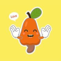 simpatico e kawaii personaggio di frutta di anacardio. anacardi e frutta con xilografia a foglia vettore