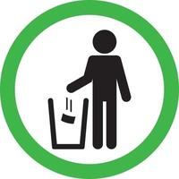 nessun segno di littering cerchio verde bastone uomo gettare spazzatura nel cestino vettore