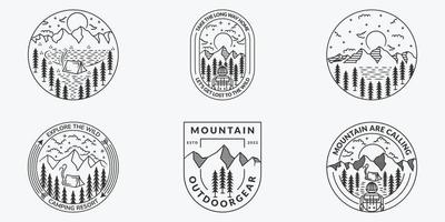 set di design di illustrazione vettoriale del logo della vita selvaggia all'aperto di montagna, stile artistico della linea di montagna