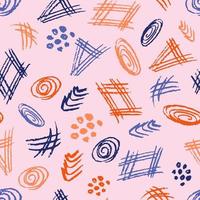 modello senza cuciture di vettore semplice in stile doodle. tratti multicolori, curve, spirali su sfondo rosa. per stampe di tessuti, imballaggi, prodotti tessili.