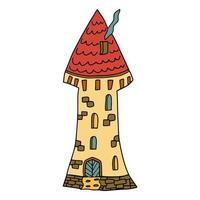cartone animato doodle lineare castello medievale o torre con tetto rosso isolato su sfondo bianco. vettore