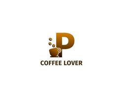 modello logo lettera p caffè e tazza vettore