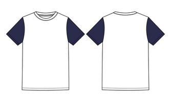 due toni di colore bianco e blu navy t-shirt basic a manica corta moda tecnica schizzo piatto illustrazione vettoriale modello viste anteriore e posteriore isolate su sfondo bianco.