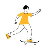 giovane che guida un'illustrazione di vettore dello skateboard. stile scarabocchio. il ragazzo va su uno skateboard e fa acrobazie su una tavola lunga. stile di vita attivo, concetto di sport estremo.