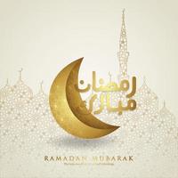 design biglietto di auguri momento ramadan con lussuosa calligrafia araba, luna crescente, lanterna tradizionale e modello di sfondo islamico texture modello moschea. vettore