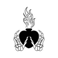 fuoco del cuore disegnato a mano con le ossa della mano doodle illustrazione per adesivi per tatuaggi ecc vettore premium