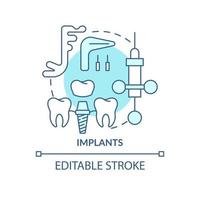 icona del concetto turchese degli impianti. illustrazione della linea sottile dell'idea astratta di miglioramento cosmetico. chirurgia implantare dentale. disegno di contorno isolato. tratto modificabile. arial, una miriade di caratteri pro-grassetto utilizzati vettore