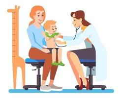 illustrazione vettoriale a colori rgb semi-piatta del pediatra in visita. madre con bambino e dottoressa isolati personaggi dei cartoni animati su sfondo bianco