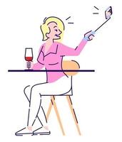 godendo l'illustrazione vettoriale a colori rgb semi-piatta del tour del vino. bella donna con bicchiere di vino che fa selfie personaggio dei cartoni animati isolato su sfondo bianco