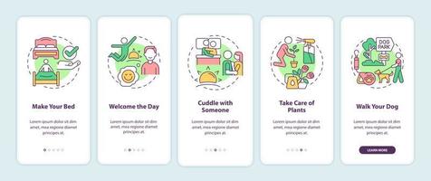 Suggerimenti di routine quotidiana per l'onboarding dello schermo dell'app mobile. inizio giornata procedura dettagliata 5 passaggi pagine di istruzioni grafiche con concetti lineari. ui, ux, modello gui. sono stati utilizzati una miriade di caratteri normali in grassetto vettore