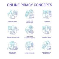 set di icone di concetto di sfumatura blu di pirateria online. illustrazioni a colori con linee sottili di idee per contenuti protetti da copyright. siti di aste online. reti peer-to-peer. utilizzo di torrent. disegni di contorno isolati vettoriali