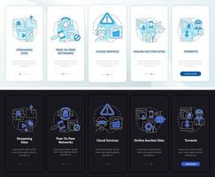 fonti di pirateria onboarding schermata della pagina dell'app mobile. siti di streaming procedura dettagliata 5 passaggi istruzioni grafiche con concetti. modello vettoriale ui, ux, gui con illustrazioni in modalità notte e giorno lineari