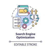 icona del concetto di ottimizzazione dei motori di ricerca. illustrazione al tratto sottile dell'idea astratta di abilità dell'imprenditore online. aumentare la visibilità del sito web. disegno a colori di contorno isolato vettoriale. tratto modificabile vettore