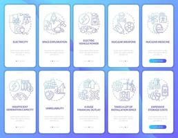 set di schermate della pagina dell'app mobile per l'onboarding della generazione di energia nucleare. produrre elettricità procedura dettagliata 5 passaggi istruzioni grafiche con concetti. modello vettoriale ui, ux, gui con illustrazioni a colori lineari