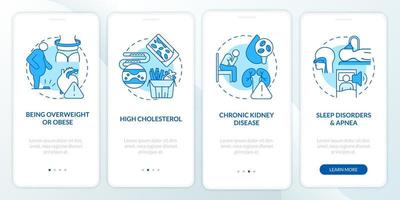 l'ipertensione provoca l'onboarding della schermata della pagina dell'app mobile. essere sovrappeso procedura dettagliata 4 passaggi istruzioni grafiche con concetti. modello vettoriale ui, ux, gui con illustrazioni a colori lineari