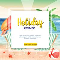 Viaggia in estate in vacanza la luce solare della vacanza della palma della spiaggia, del mare e del cielo, progettazione creativa dell&#39;illustrazione di vettore dell&#39;acquerello